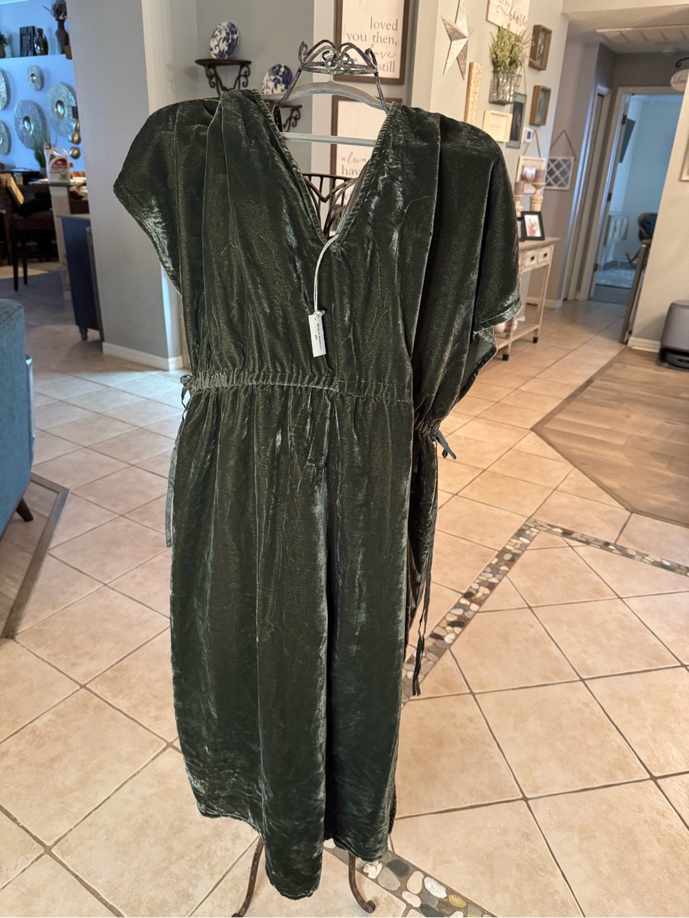 World Market Olive Green Velvet Midi Dress – Size L/XL – Boho Side Tie